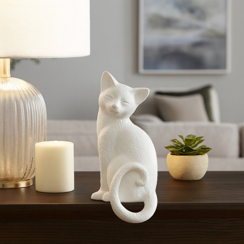 Decorative Kitty with Hanging Tail Figurine Sculpture for Table Decor - Unique Resin Object for Desks, Living Room or Home Decoration - White