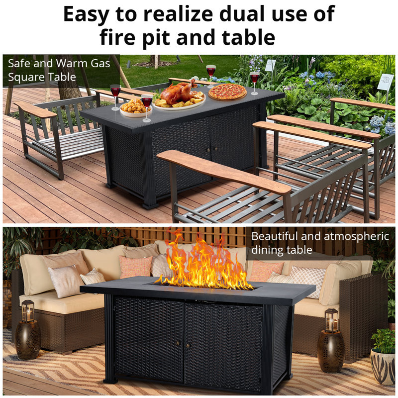 52" Black Slate Gas Fire Pit Table with Rattan Panel