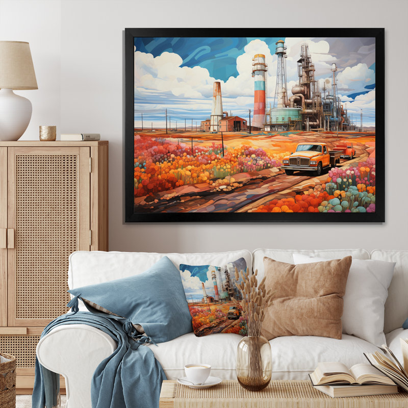 «Orange Oil Rigs», installation sur toile, Cadre photo noir, H 12 po x l 20 po x P 1 po