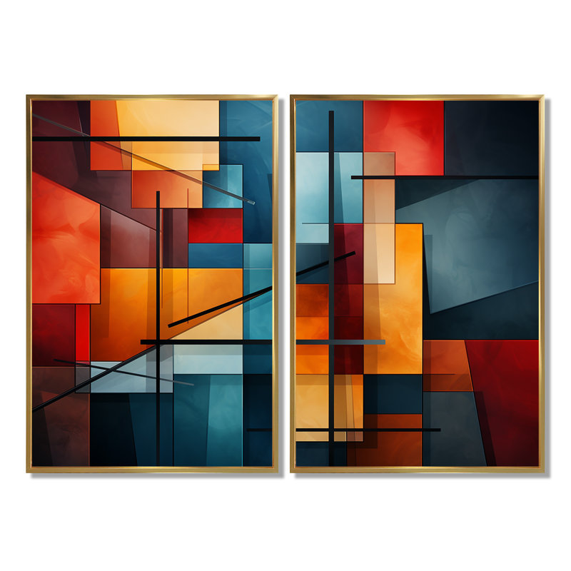 «Cubism Vivid Collage - Large Cubism», impressions sur toile, H 36 po x l 48 po, Impression encadrée flottante, Doré