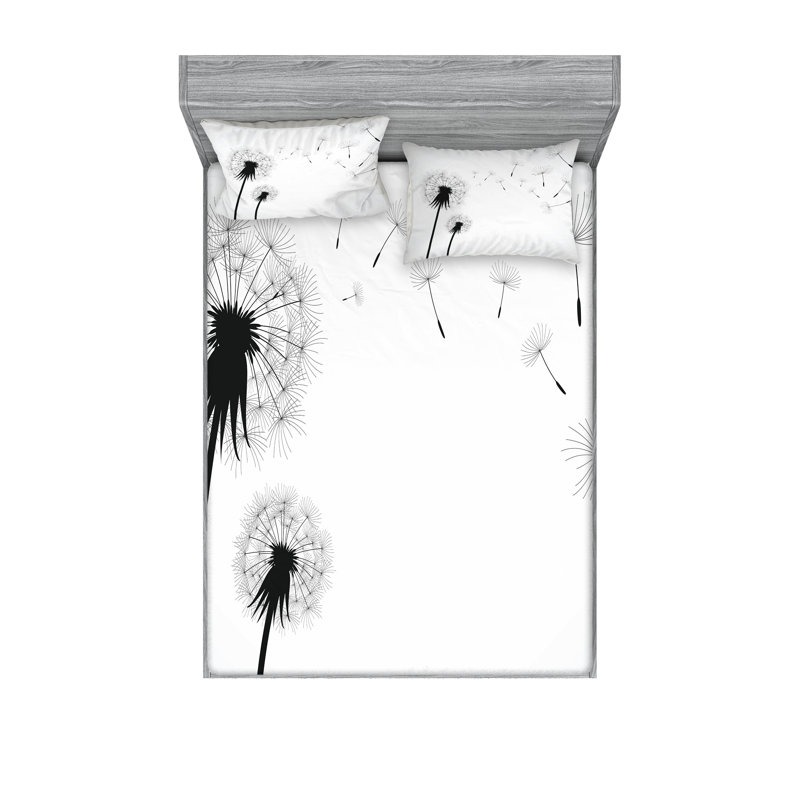 Drap-housse et coussin décoratif pissenlit Ambesonne, noir et blanc, Ensemble de draps pour très grand lit californien