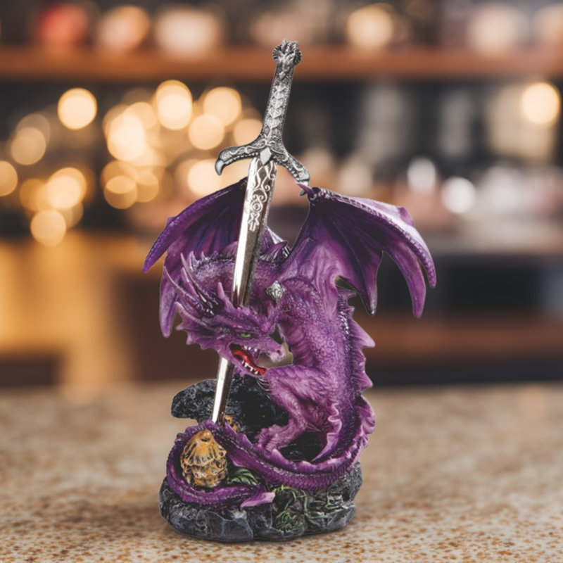 5.5"H Purple Dragon with Sword Figurine