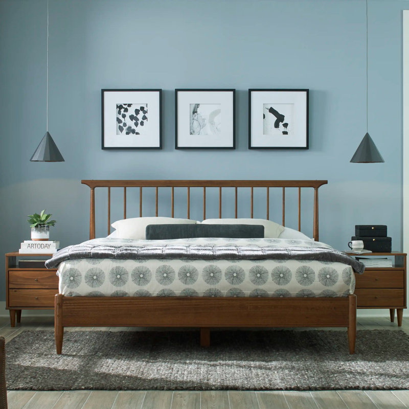 Queen Brushed Walnut Pine Wood Spindle Bed with Drawer