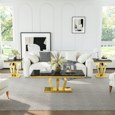 22.8" End Table With Faux Marble Top & Stainless Steel Frame