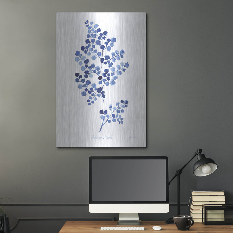 «Indigo Botanical 1» par Jean Plout, art mural en métal, H 36 po x l 24 po