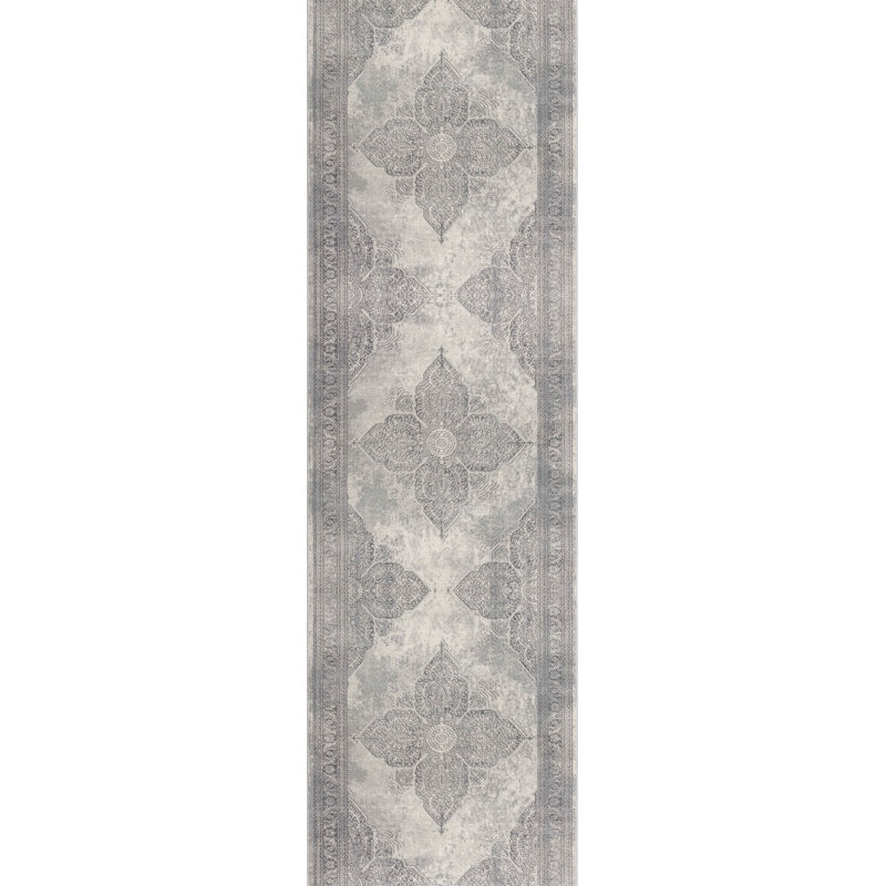 Rug Branch Soraya 2' x 6' (2'3" x 5'11") Grey/Beige Floral Medallion Indoor Runner Rug, Traditional, Low Pile, Stain-Resistant Hallway Carpet - Entryway, Mudroom, Bedroom, and Kitchen