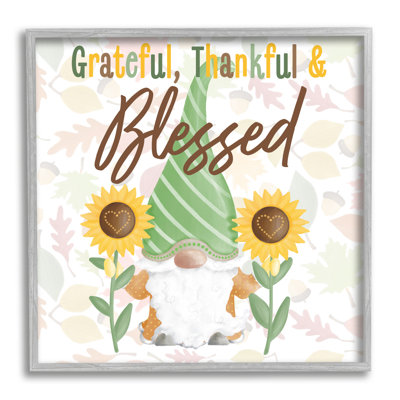 «Grateful Sentiment», typographie, gnome de jardin, tournesols, encadré noir, art texturé par Andi