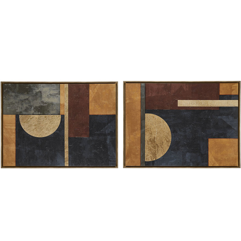 2 toiles géométriques, tons riches et or métallique, embellies à la main, prêtes à être accrochées dans le hall d'entrée encadrées à la main, cadre en noyer, pour la décoration