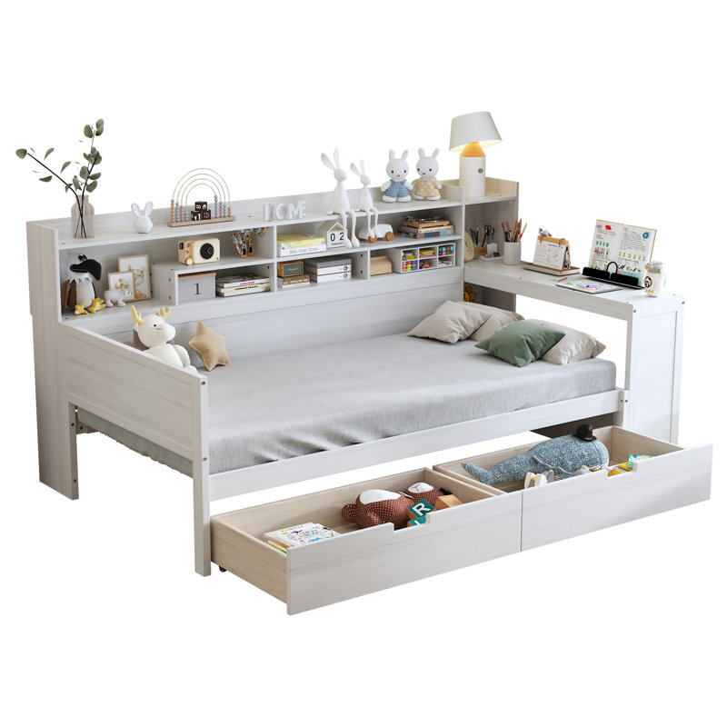 Lit de jour en bois avec tablettes de rangement, Lit simple, Blanc antique