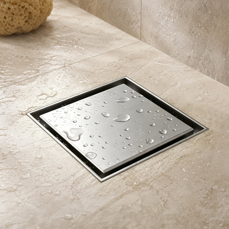 Drain de douche carré 4 pouces avec collecteur de cheveux, Nickel brossé