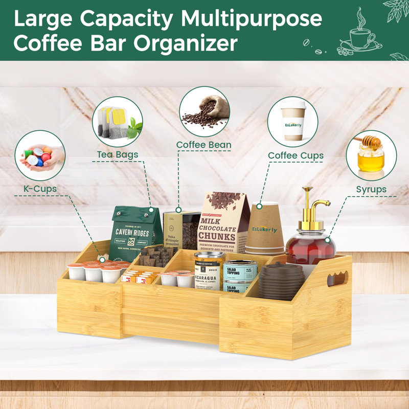 Bamboo Extendable Coffee Station Organizer with Multiple Compartments