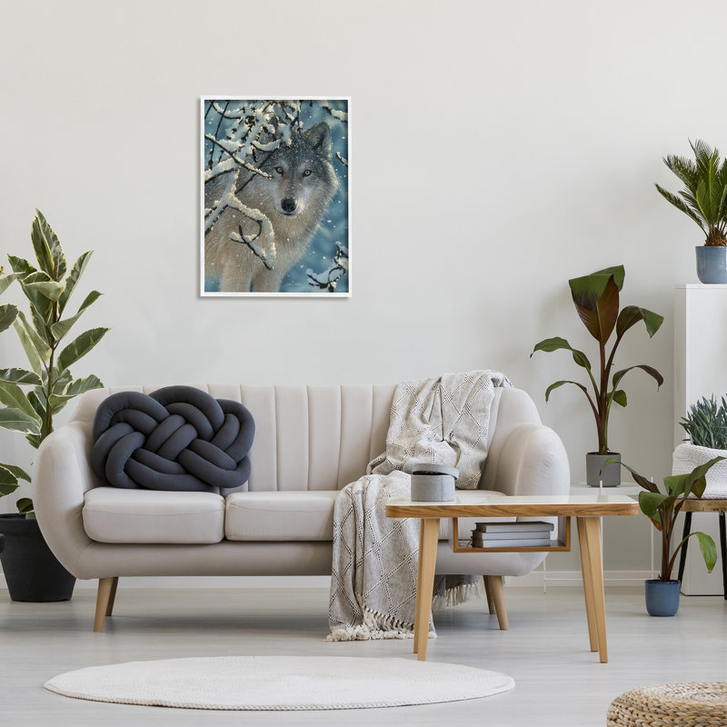 29_Loup derrière les branches enneigées, hiver, forêt sauvage, toile tendue par Collin Bogle, H 30 po x l 24 po