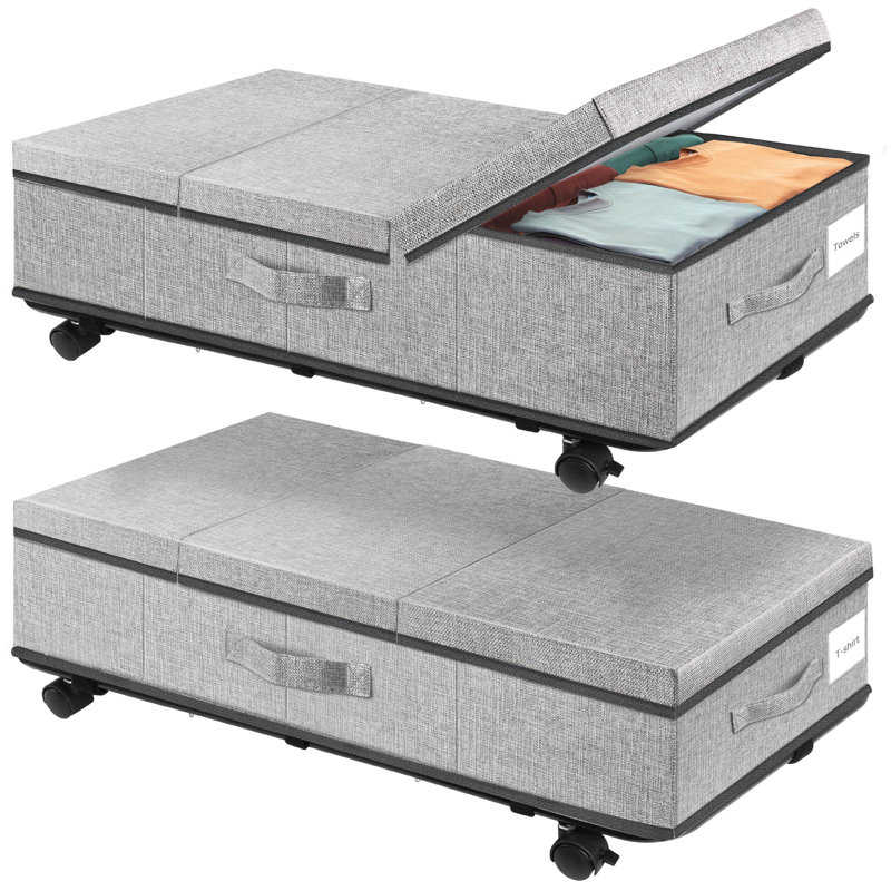 Contenants roulants de rangement sous le lit avec couvercles, organisateur de bacs de rangement pour chaussures sous le lit avec support inférieur en métal renforcé et trois poignées, paquet de 2 - gris