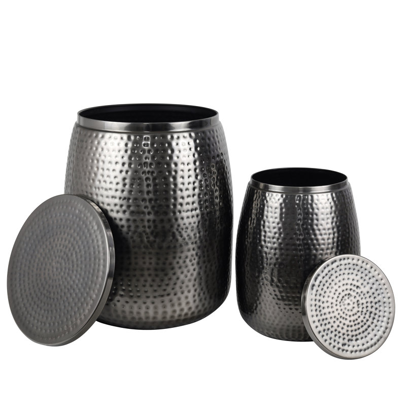 Merida Modern Rustic 2-Piece Hammered Metal Drum Storage Side Tables with Lids, Dark Gray