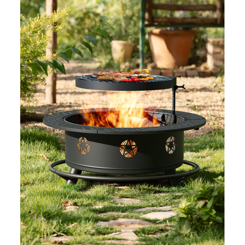 Fire Pit With Grill, Wood Burning Fire Pits For Outside With Lid& Fire Poker, Round Metal Fire Pit Table 3 In 1 With Cooking Grate,outdoor Fire Pit For Yard Patio Bonfire Camping
