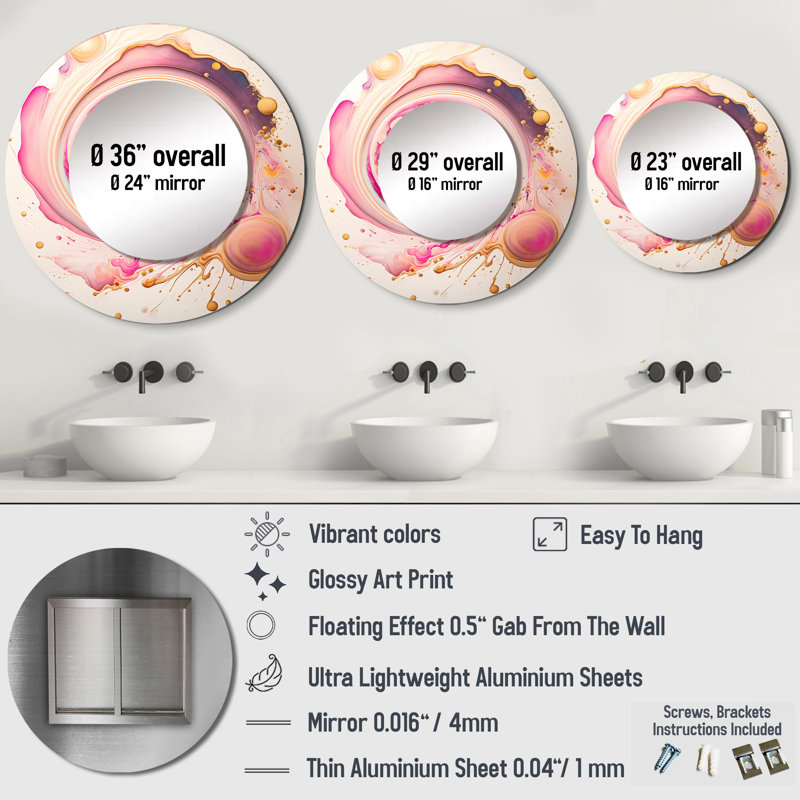 Oryan rose liquide Swirl - miroir décoratif spirales abstraites, miroir mural rond moderne, art imprimé en métal