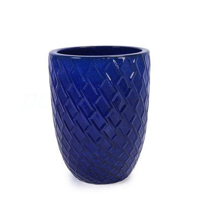 Handmade Ceramic Planter Pot, 17 Inch Diameter, 1 Piece, Navy Blue With Diamond Pattern, For Monstera Deliciosa And Fiddle Leaf Fig, Indoor/Outdoor Doorway Use, Breathable Clay