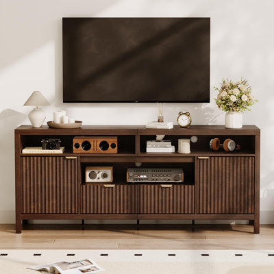 70.86 Inch Fluted Wood TV Stand Fits 65/75 Inch TVs, Mid Century Modern Media Console with 2 Drawers & Side Storage Cabinets, Cable Management & Vacuum-Friendly Raised Base for Living Room Bedroom Japandi Farmhouse Decor
