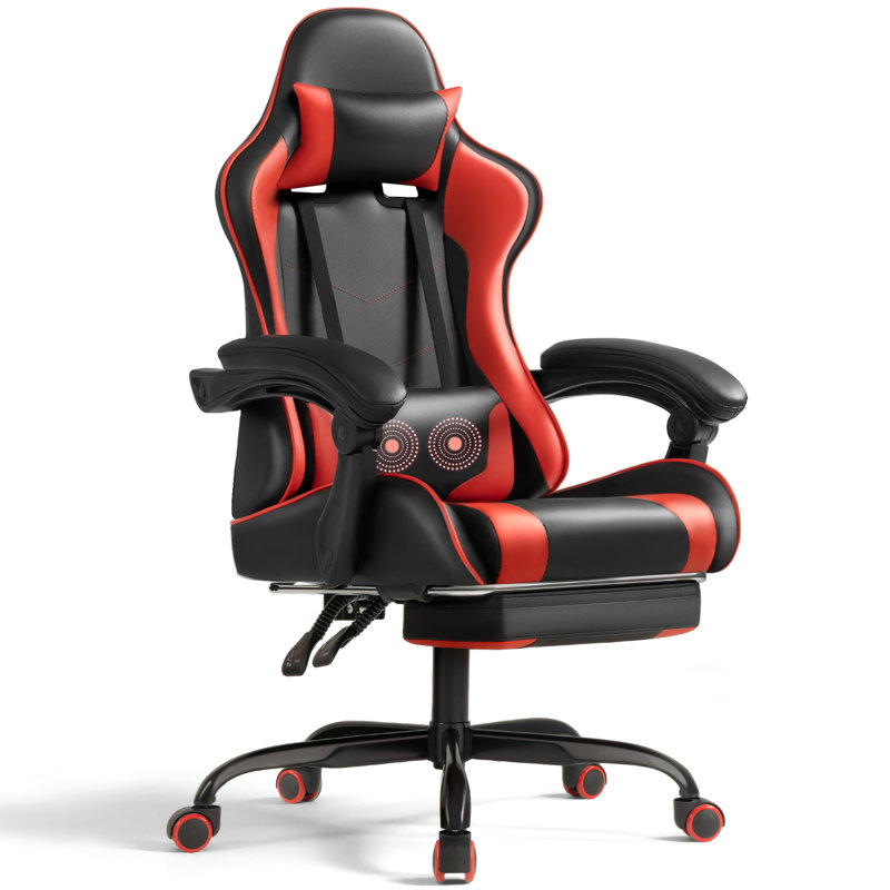 Adjustable Video Gaming Chair with Massage Swiveling PC & Racing Game Chair with Footrest, Black/Red