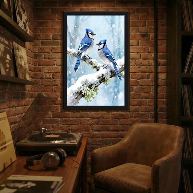 Animaux, geais bleus sur une branche enneigée, scène d'hiver, H 36 po x l 24 po