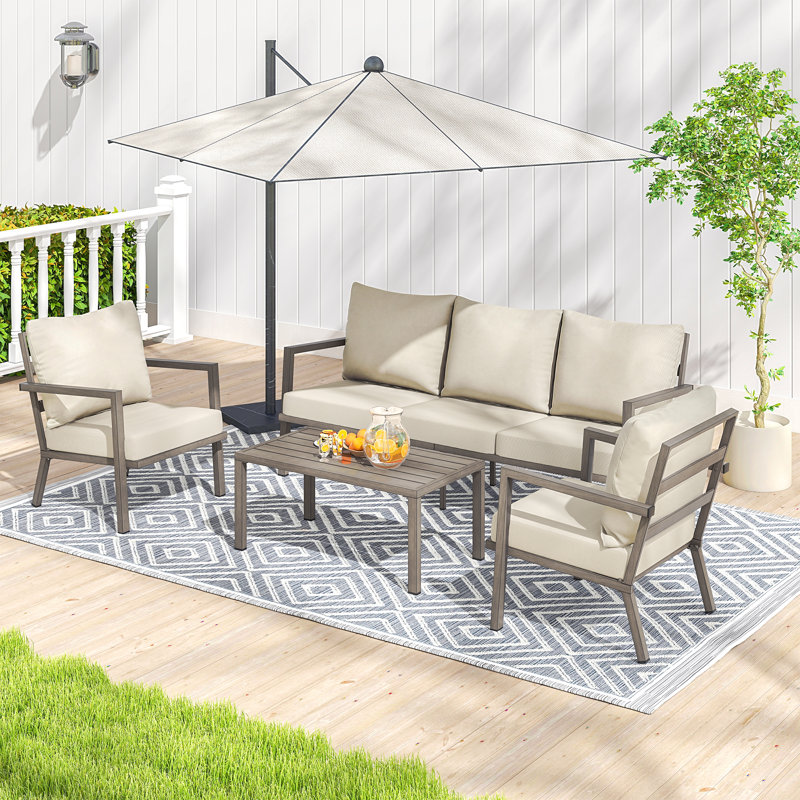 Heim 4-Piece Aluminum Outdoor Patio Conversation Set With Beige Cushion, Sofa And Coffee Table, Beige