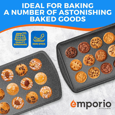 Stackable Baking Pan Set - Deluxe Nonstick Gray Marble Coating, Carbon Steel Bakeware Sets, Pfoa, Pfos, Ptfe Free, Recipe Booklet Included, Oven Safe (up To 450°f), Set Of 7 - Gray Marble