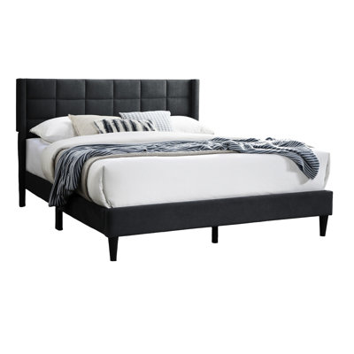 Modern Style Full Size Bed Featuring Charcoal Brushed Linen, Box Design Headboard, No Spring, Bedroom Elegant With Platform For
