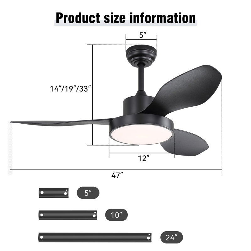 47 Inch Ceiling Fan With 22W LED Light And Remote Control 6 Speeds Reversible DC Motor For Bedroom, Black