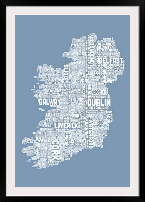 Art textuel de Francy, «Irish Cities Map» par Abarca, H 38 po x l 28 po x P 1 po, Cadre noir