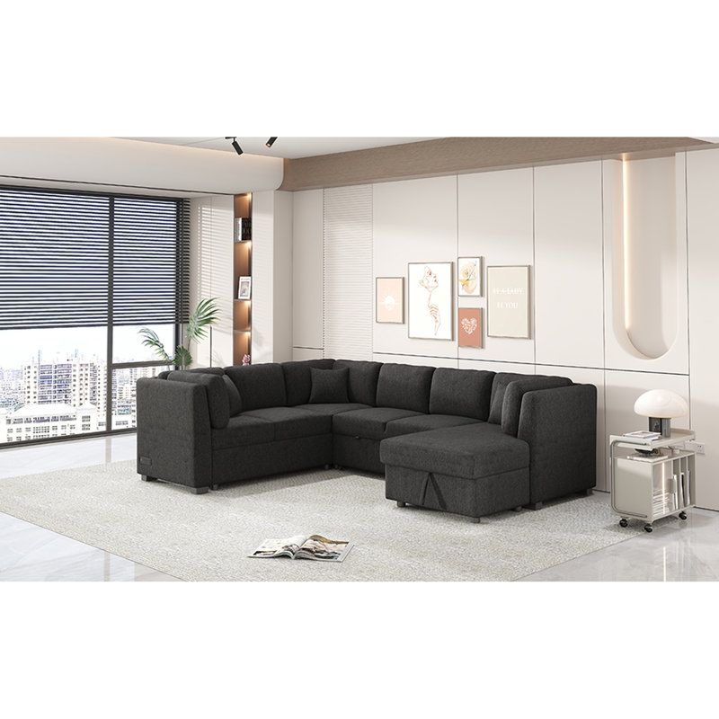 Lit de salon en forme de U de 108,6 po avec rangement, ports, 2 prises de courant, méridienne et lit de rangement surdimensionnés en chenille noire