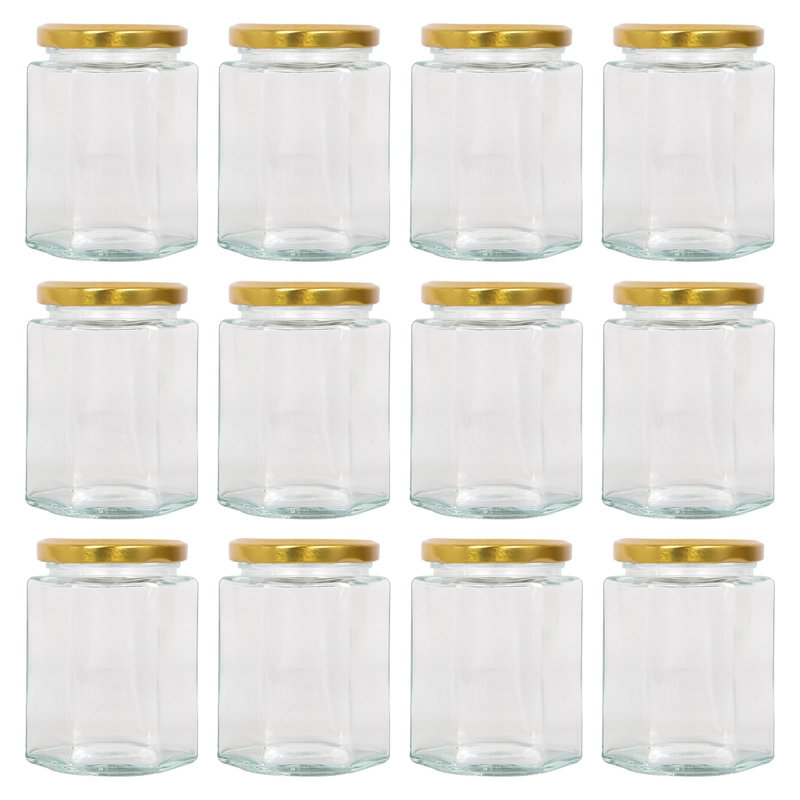 Hexagonal Glass Jam Jars with Screw-Top Metal Lids - 250ml, Gold, 12