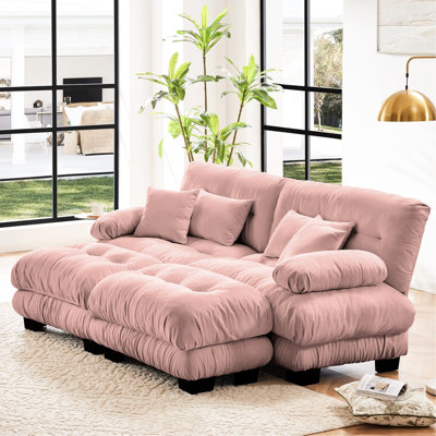 Canapé-lit 2 places en chenille rose avec repose-pieds et coussins Living Chening