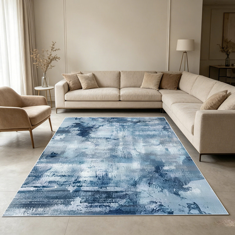 1PC Abstract Blue Distressed Watercolor Brushstroke area rugs for Living Room, Soft and Comfortable, Suitable for all seasons, easy-to-maintain, machine washable Indoor floor mat, Under Table Farmhouse suitable for dining table, bedroom, kitchen,