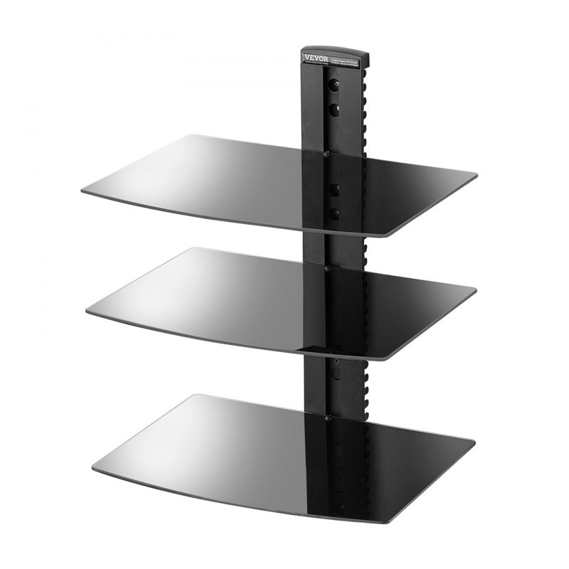 3 Tiers Wall Mounted AV Media Stand Adjustable Floating Projector Shelf, Design 3-Tier AV Media Stand Corner Shelf for Record Player Stereo Cabinet Audio Rack Tower with Height Adjustable Shelves, Living Room Storage, Corner Entertainment Centre, Black