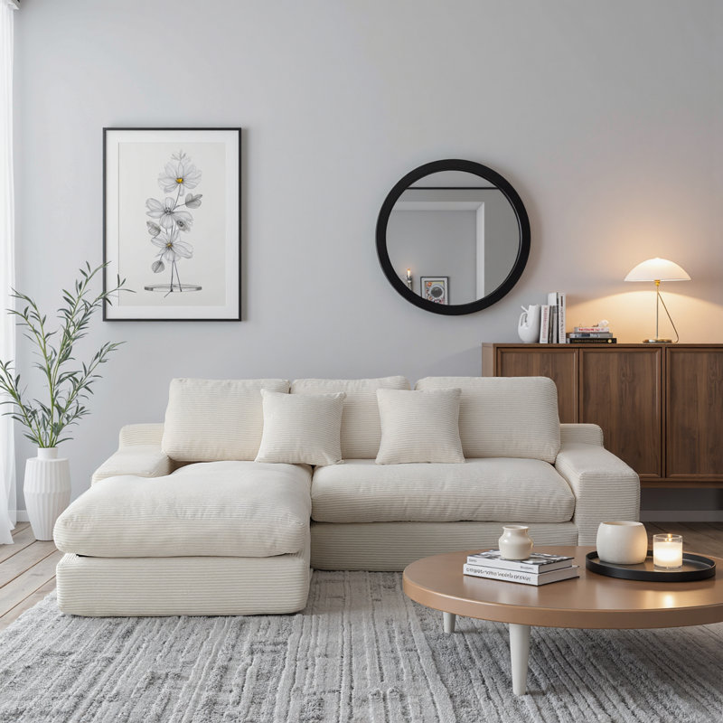 Canapé modulaire et canapé en L 2 pièces Boneless Cerinal, Velours côtelé blanc