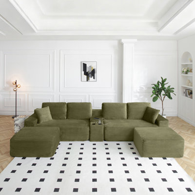 Canapé modulaire en L surdimensionné en forme de L avec porte-gobelets, USB, rangement, velours côtelé