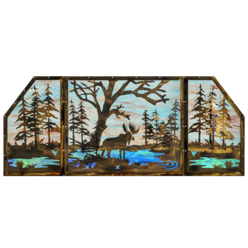 Moose at Lake 3 Panel Stained Glass Window