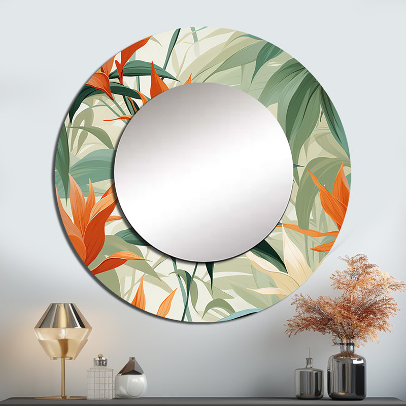 Motif tropical de mirage vert et orange en bambou - miroir unique tropical, grand miroir mural rond tropical, impression d'art en métal