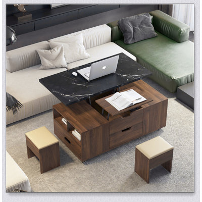 Table basse relevable moderne avec 2 tabourets, rangement dissimulé et tiroirs extensibles