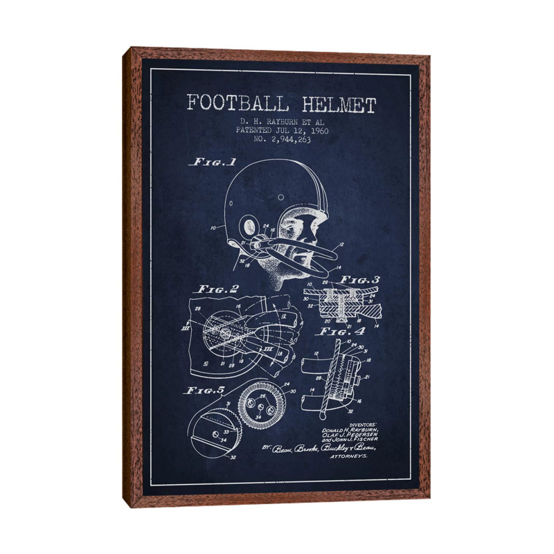 Football Helmet Navy Blue Patent Blueprint by Aged Pixel - Floater Frame Print on Canvas, Brown Framed
