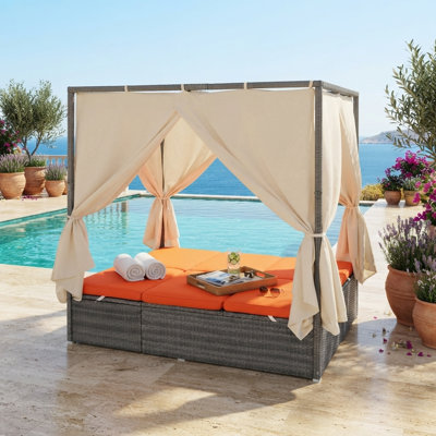 Adjustable Outdoor Sun Lounger with Canopy and Removable Cushions, Patio Reclining Daybed with Multi-Position Backrest for Garden, Poolside, and Deck
