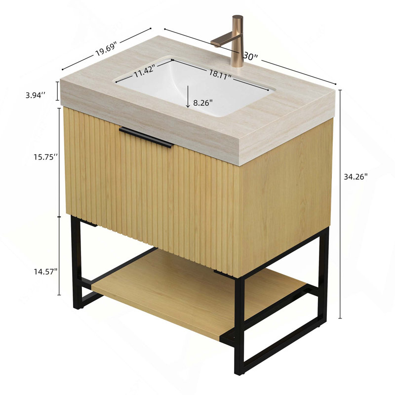Meuble-lavabo de salle de bain 30 po, lavabo autoportant en contreplaqué rayé avec tiroir et tablette ouverte, comptoir en pierre frittée et vasque en céramique encastrée, pré-assemblé