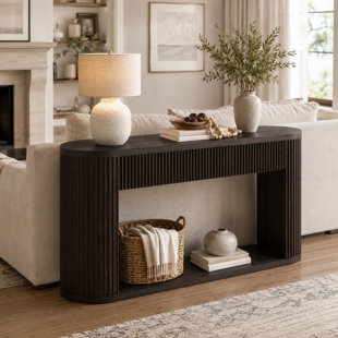 Oval Fluted Console Table with 2 Drawers and Bottom Shelf, Wood Entryway Table