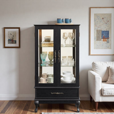 Lighted Curio Display Cabinet With Led Light, Adjustable Shelves And Drawer