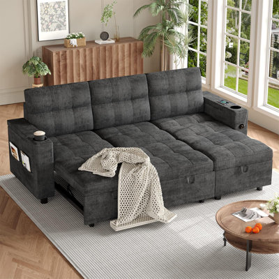 Sectional Sleeper Sofa with Reversible Storage Chaise, L-Shaped Sofa Bed with Charging Ports & Storage Armrests for Living Room