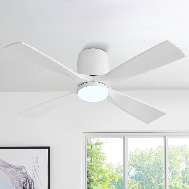 48 In. 4 Solid Blades Indoor Ceiling Fan With Integrated Led And Remote, Flush Mount, White, White