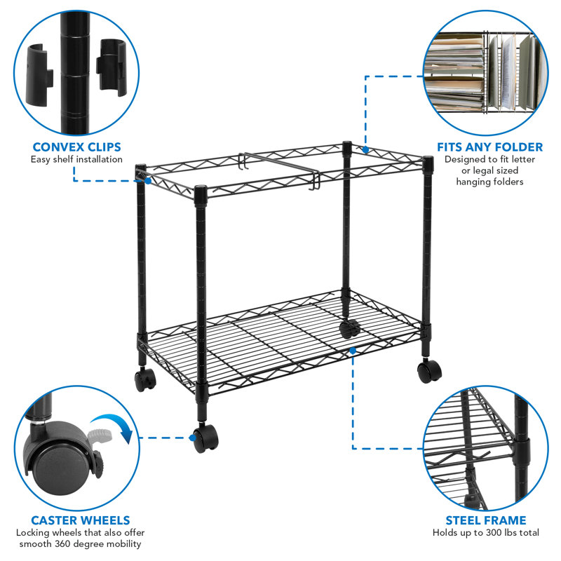 Black Steel Wire Rolling File Cart with Locking Casters