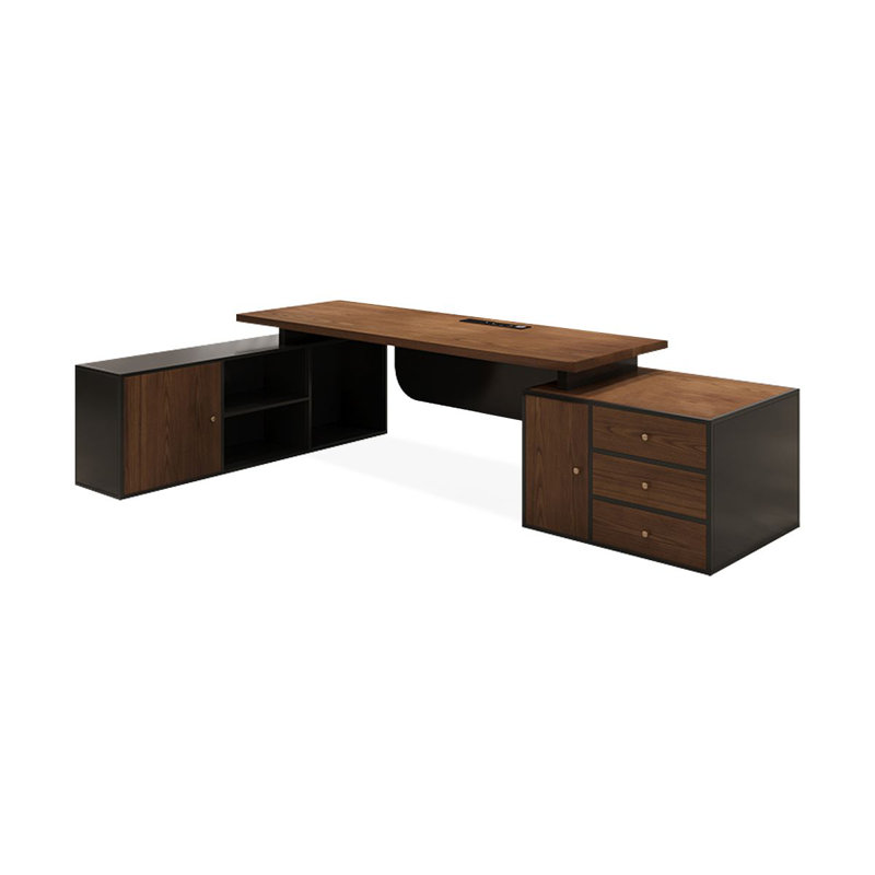 Bureau de direction brun en L en bois massif avec 3 tiroirs, H 29,53 po x l 70,87 po x P 59,06 po, Retour à gauche