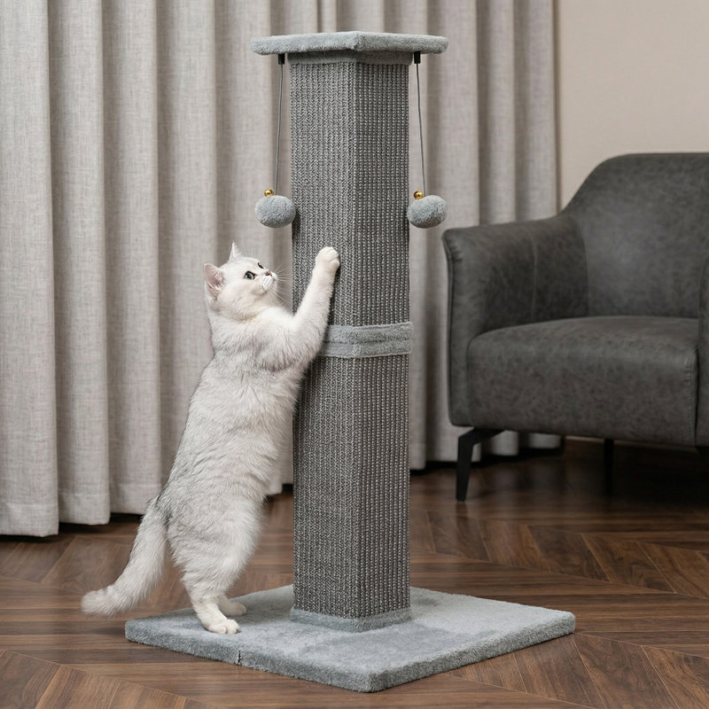 Grattoir pour chat 33 pouces avec base carrée robuste et 2 boules de suspension, gris