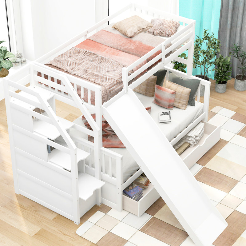 Lit superposé simple au-dessus d'un lit double avec tiroirs, rangement et glissière blanche pour enfants - pratique et pratique